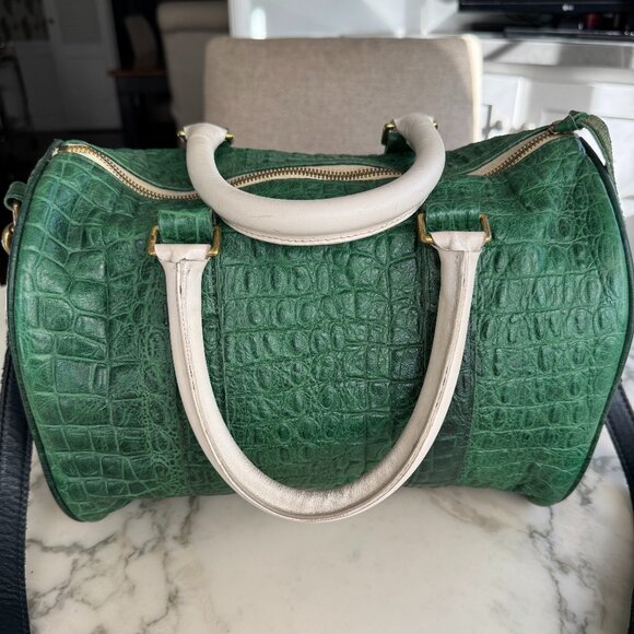 Clare V Green Croc Duffle Bag with white handles and black shoulder strap - Picture 2 of 9